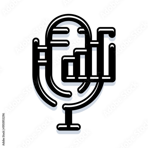Microphone icon merged with upward bar graph symbolizing podcast and audio performance analytics, streaming growth, audience engagement, broadcasting metrics and content success measurement