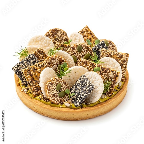 A wooden plate filled with various crackers and garnishes on white