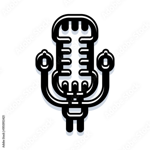 Stylized black and white illustration depicting a vintage microphone with a strong shadow, representing concepts of sound recording, radio, broadcasting, music, and voice communication