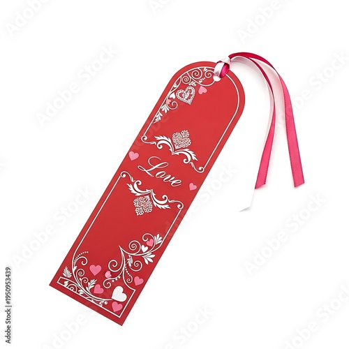 Red bookmark with white designs and pink ribbon isolated on white background