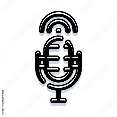 Microphone line art illustration depicting sound waves and broadcast technology, ideal for podcasting, streaming, and audio recording concepts on a white background