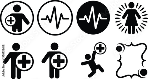 Black silhouette vector set of medical heartbeat icons patient care symbols doctor signs and health insurance graphics for hospital design
