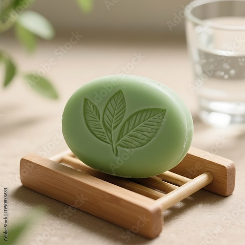 Green soap bar with leaf design on wooden soap dish near glass