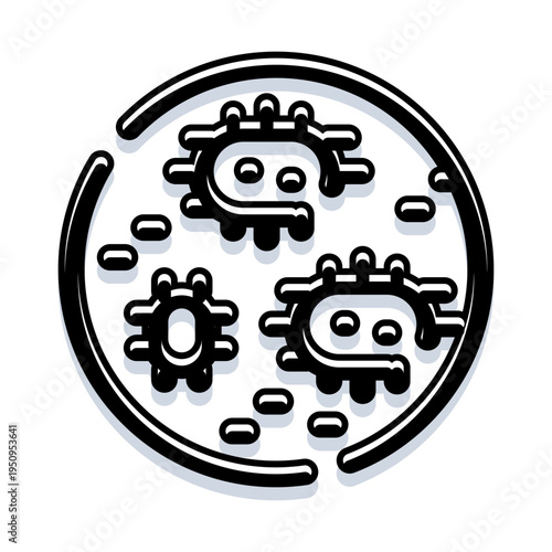 Bacteria and virus microbes multiplying and spreading inside a round petri dish, illustrating concepts of disease, infection, laboratory research, and microscopic life