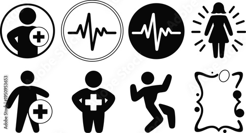 Black silhouette vector set of medical heartbeat pulses patient care doctor icons and health insurance symbols for hospital graphic design