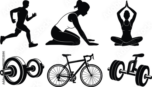 Black silhouette vector set of running man yoga woman fitness training bicycle dumbbells and gym equipment icons for healthy lifestyle design