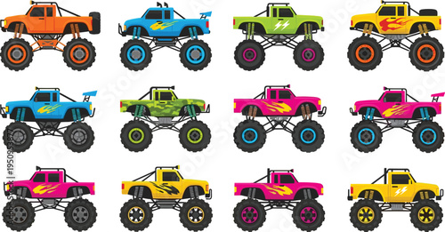 Large Set of Colorful Monster Truck Vectors with Offroad Suspension and Racing Decals for Automotive Event Flyers, Toy Packaging, and Gaming Graphic Designs