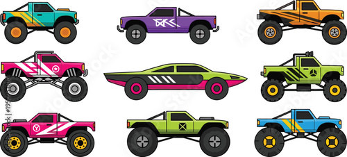 Set of Stylized Monster Truck and Offroad Vehicle Vectors with Retro Racing Decals for Video Game Assets, Extreme Sports Branding, and Modern Automotive Graphic Designs