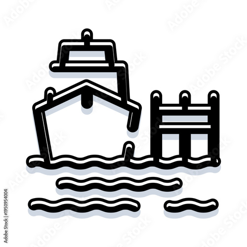 Ferry boat with industrial design approaching a dock or harbor, minimalist line art icon symbolizing maritime transport, logistics, shipping, travel and coastal arrival