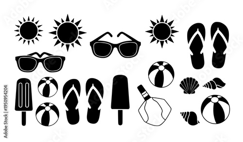 Minimal Summer Icons Silhouette Set Beach Vacation Elements Vector