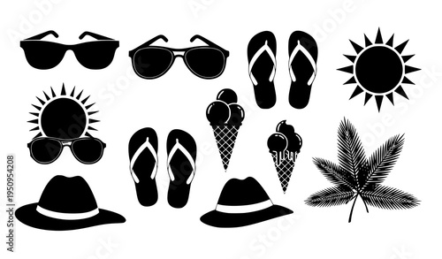 Summer Vacation Silhouettes Set Sunglasses Sun Flip Flops Ice Cream Vector