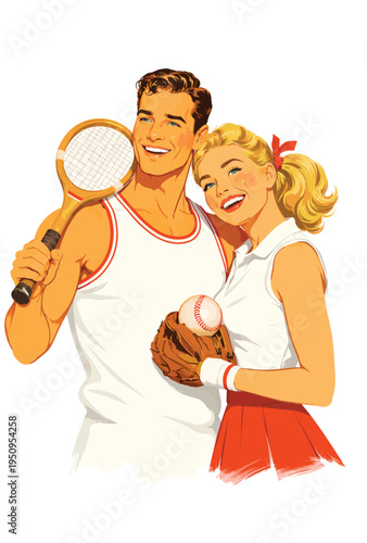 073-35-Vintage style couple enjoying sports, holding tennis racket and baseball
