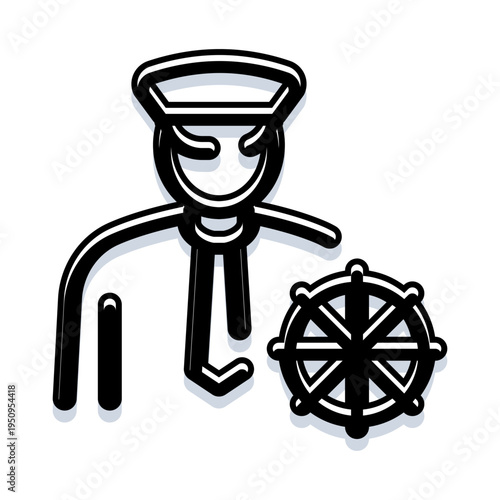Sailor character standing beside a ship's steering wheel, symbolizing leadership, navigation, control and maritime adventure for nautical, travel and management concepts