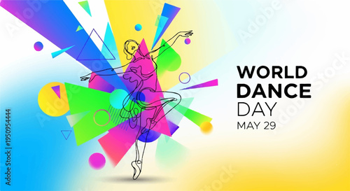 Vibrant dancer celebrates world dance day may 29 with colorful abstract art background