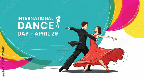 Couple dancing together on international dance day celebrating with elegance and joy in a vibrant colorful setting