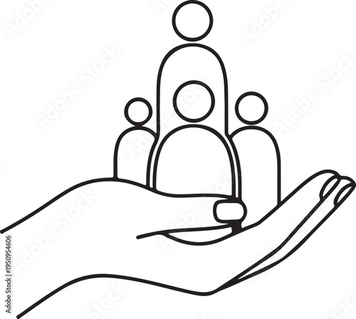A line drawing of a hand holding three people