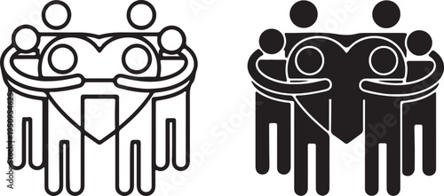 Black and white illustration of people joining hands in a circle forming a heart