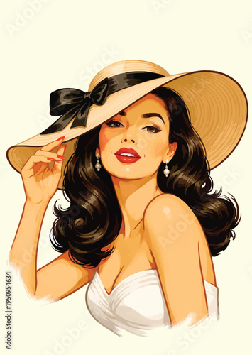 073-40-Woman portraying retro glamour with a sunhat, red lips, and dark hair
