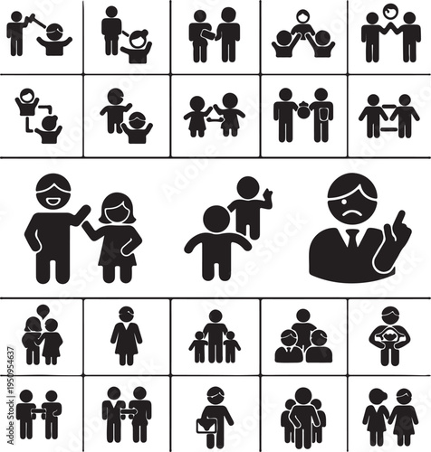 Collection of black silhouette icons depicting various relationships and interactions between people
