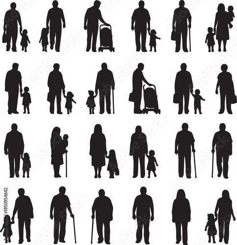 Collection of black silhouettes of people with children and pets