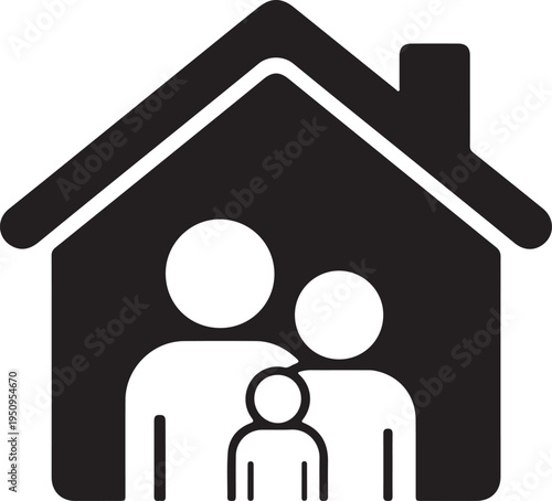 Black silhouette of a family standing in front of a house