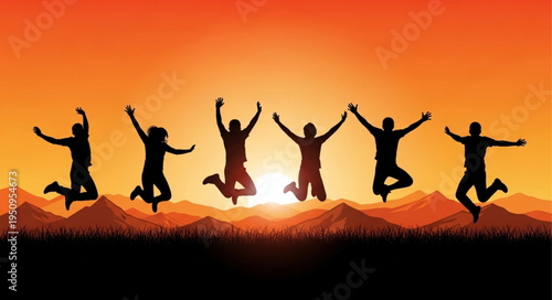 Group of friends jumping joyfully during sunset silhouette.