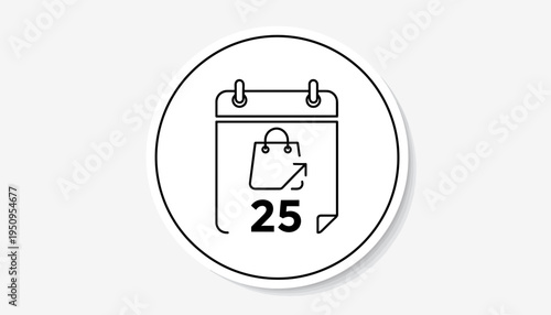 Shopping Calendar Icon: Sale Day 25, Shopping Bag with Arrow, Date Reminder