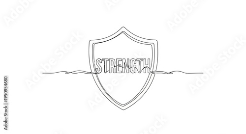 Shield with the word STRENGTH in continuous line art, symbolizing protection, resilience, and power.