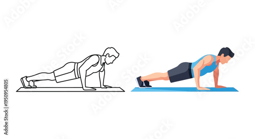 Vector graphic illustration of a fit man performing a perfect pushup exercise on a blue mat