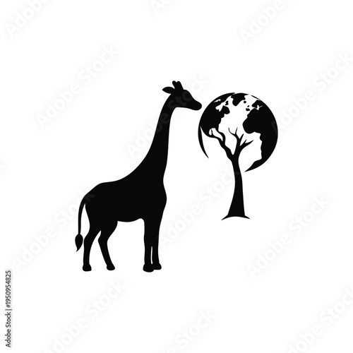 Giraffe Silhouette with Earth Tree Illustration