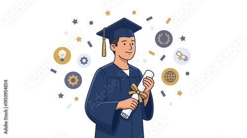 A boy in cap gown has his diploma for school success and his big job