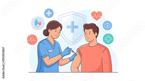 Nurse give flu shot to man to help care and stay safe from a virus