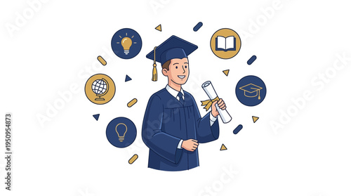 A boy in cap and gown with his scroll and a big set of icons