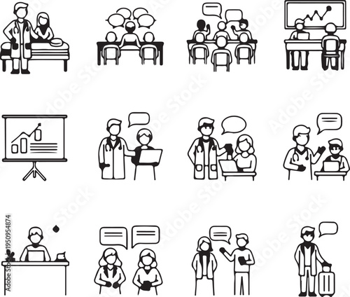 Black and white line illustrations of business people communicating and working together in various office settings and scenarios