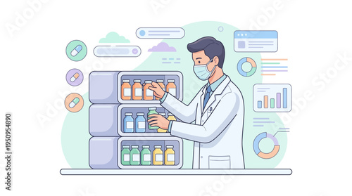 Professional Male Pharmacist In Mask Organizing Medicine Bottles On Shelf In Pharmacy With Data Charts And Icons