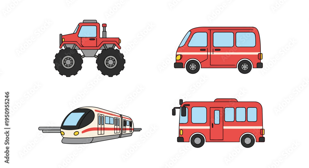 Naklejka premium Red Vehicles Illustration, Vector Style Graphic, Transportation Design for Various Uses