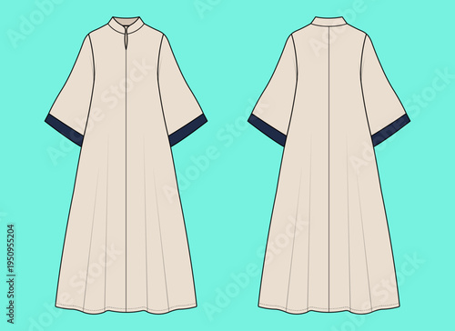 Ladies Kimono Sleeve Contrast Cuff Mandarin Kaftan Maxi Dress Fashion Technical Flat Sketch