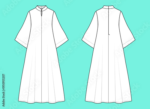 Women's Mandarin Collar Kimono Sleeve Kaftan Flared Maxi Dress Fashion Technical Flat Sketch Template