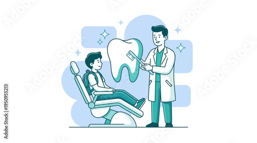 Professional dentist shows tooth model to boy for oral health care and daily hygiene education