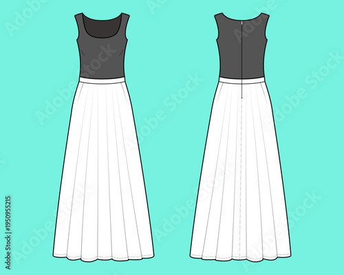 Women's Sleeveless Dual-Tone Pleated Gala Gown Maxi Dress Fashion Flat Sketch