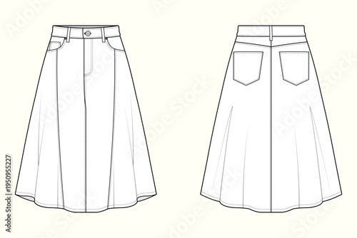 Women's Paneled Denim A-Line Midi Skirt Fashion Flat Sketch