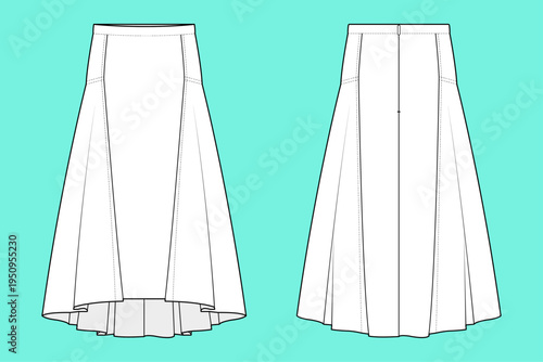 Ladies Cascade Panel High-Low Maxi Skirt Fashion Flat Sketch CAD