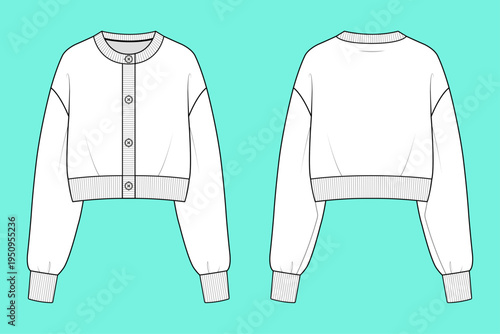Women's Boxy Crewneck Cropped Cardigan with Drop-Shoulder Silhouette Apparel Fashion Flat Sketch Template