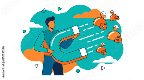 Man with a big magnet to find new people for his small team and work