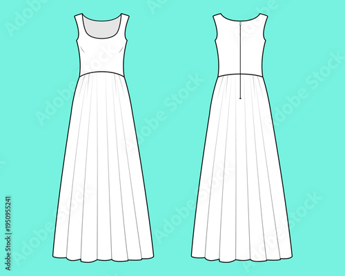 Women's Scoop Neck Sleeveless Empire Waist Pleated Maxi Gown Dress Fashion Flat Sketch Template