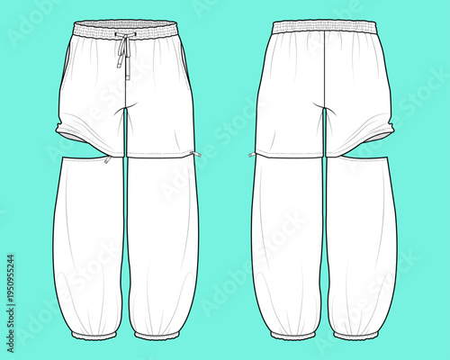 Unisex Convertible Zip-Off Baggy Cargo Joggers with Elasticated Hem Apparel Fashion Flat Sketch Template