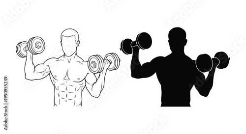 Muscular man performing a dumbbell bicep curl exercise shown in outline and silhouette vector graphic styles