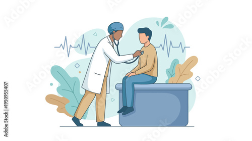 Male doctor physician uses stethoscope to check male patient heart health at clinic hospital medical visit and care