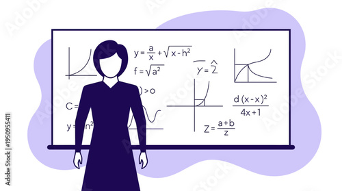 A teacher stands by a board with math signs in a school class room now
