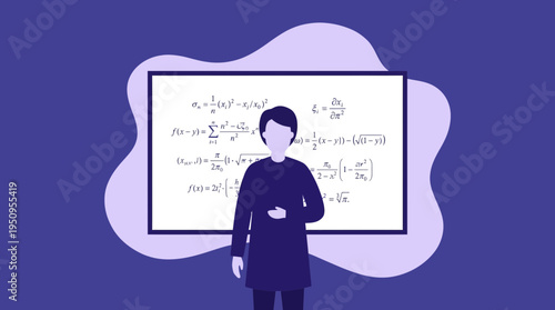 A male teacher at whiteboard with math physics science logic work and study class data info school